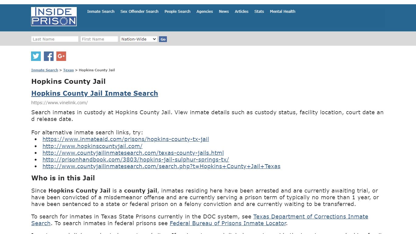 Hopkins County Jail - Texas - Inmate Search - Inside Prison